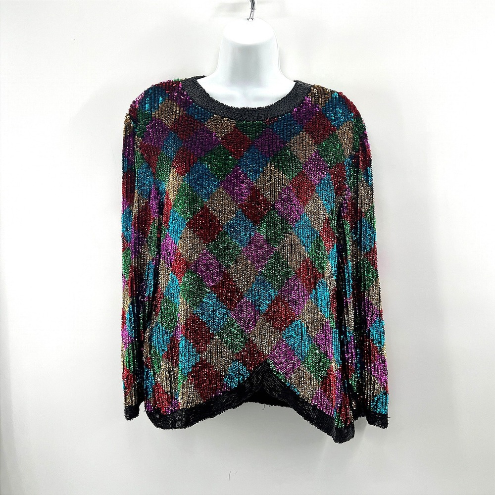 Vintage Sequin Skirt Set Women Sz S* Silk Multicolor Harlequin Glam Party Disco